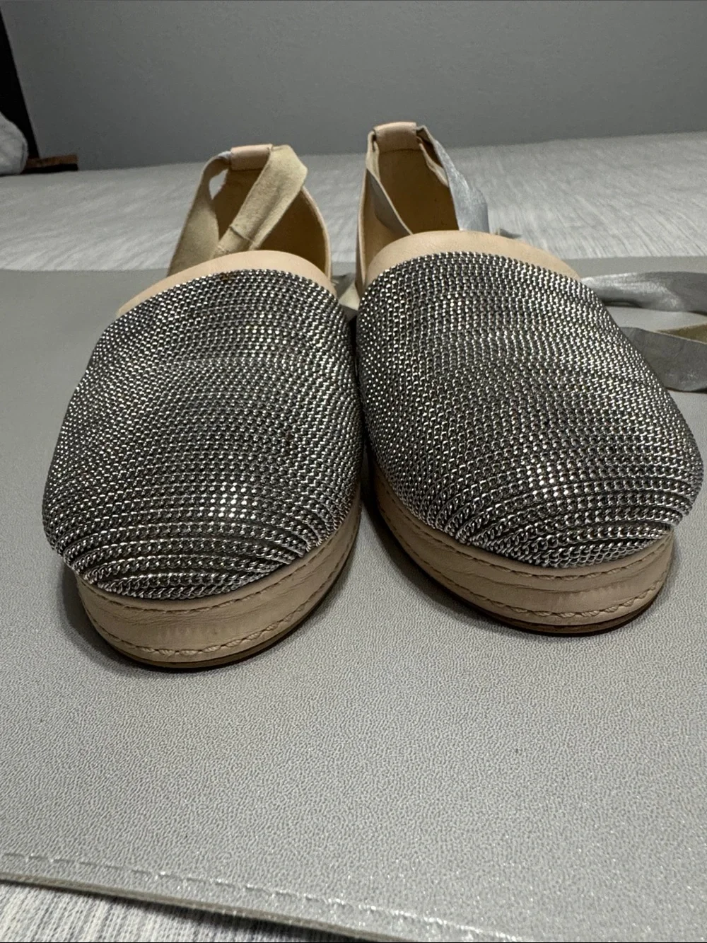Stuart Weitzman Leather Roman Mail Armor Silver Chain Ballerina Lace Up Flats